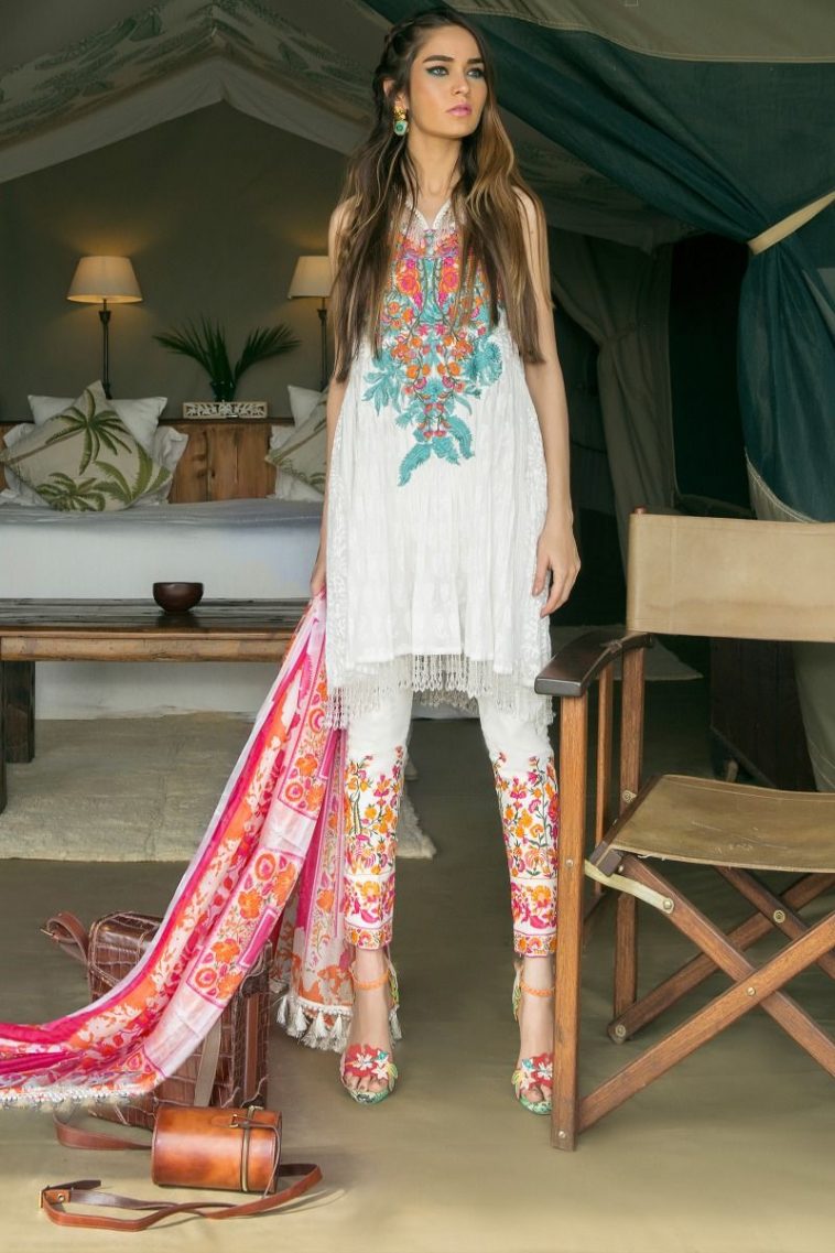 Beautiful white embroidered unstitched Pakistani pret wear by Sana Safinaz spring dresses 2018