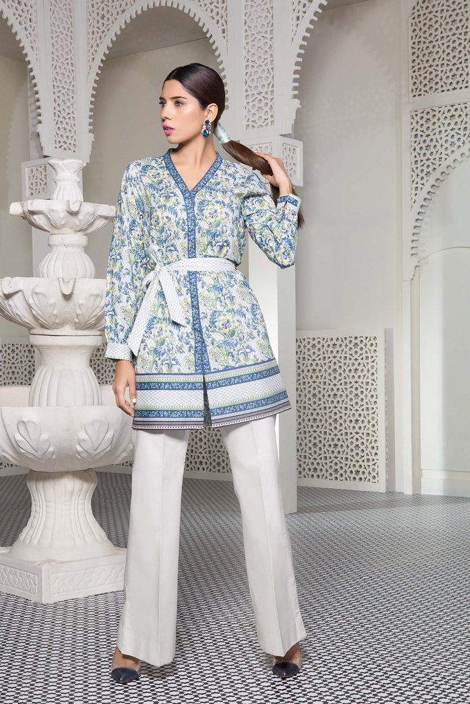 Blue lace printed unstitched pret kurti by Pakistani Printed dresses in Uk