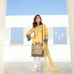 Bold and classic yellow colored three piece unstitchedLawn dress by Baroque Fuchsia lawn prets 2018