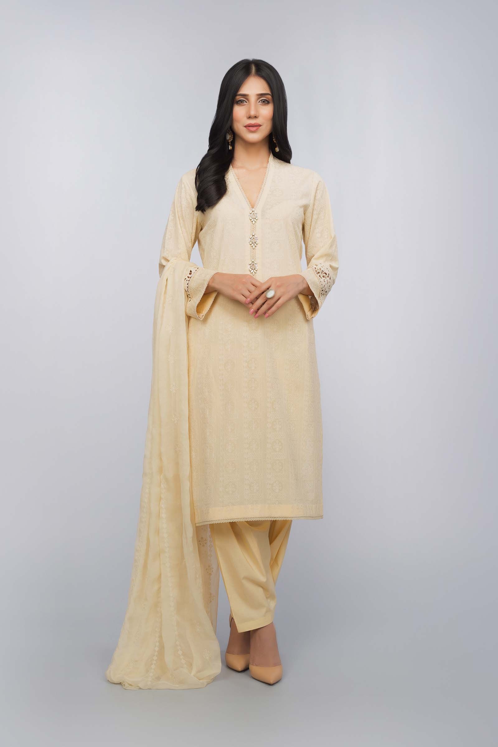 Buy Online Unstitched Cream Color Pakistani Dress by Bareeze Formal Collection 2018