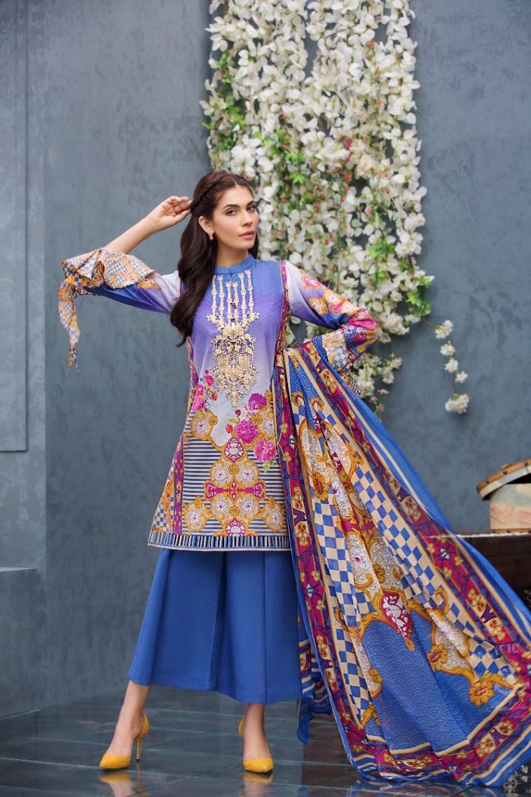 Classic and elegant ink blue colored three piece unstitched chiffon dress by Gul Ahmed embroidered casuals 2018
