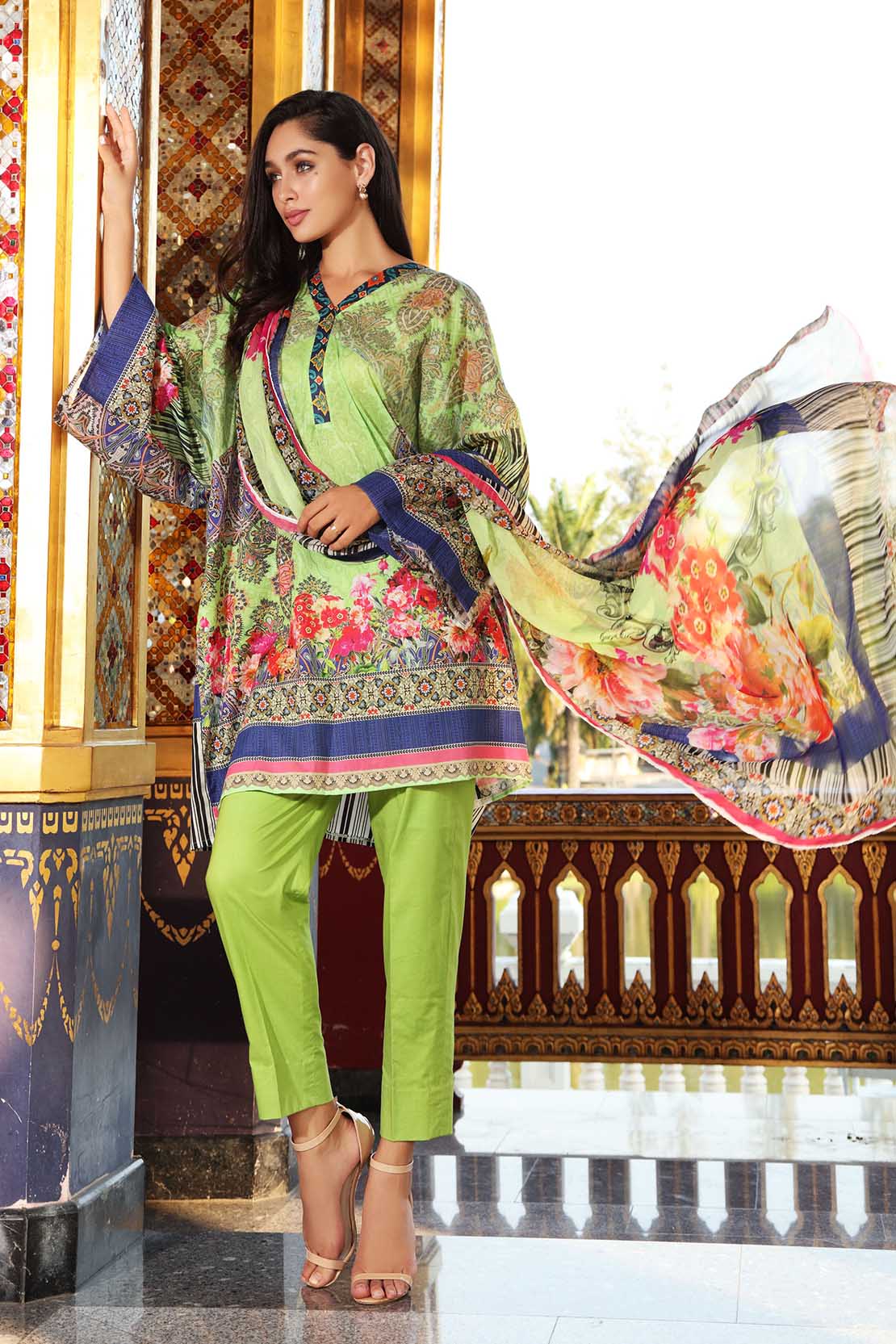 Elegant green 3 piece unstitched pret dress by So Kamal spring collection 2018
