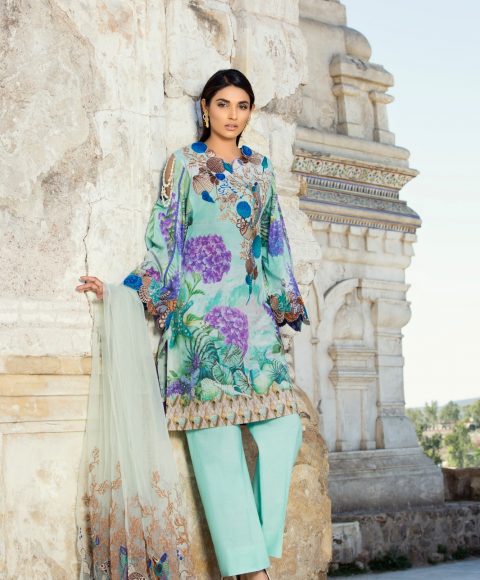 Elegant green embroidered unstitched Pakistani pret dress by Ivy prints unstitched collection 2018