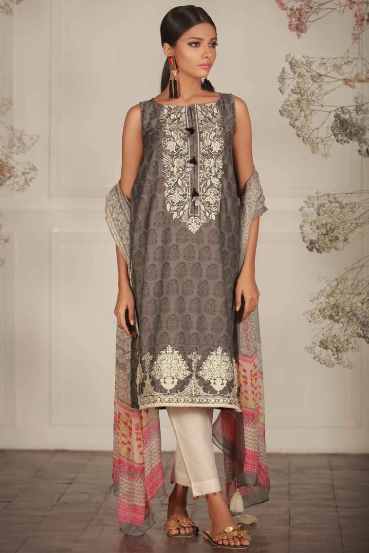 Embroidered Grey 2 piece unstitched pret dress by Khaadi Spring collection 2018