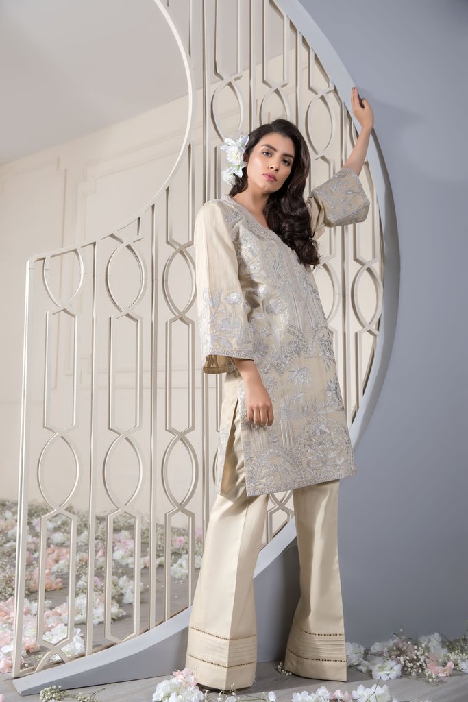 Evening scenes beige unstitched pret dress by Sapphire lawn collection 2018