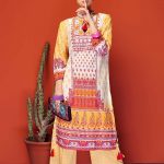 Magnificent and classy yellow colored three piece unstitched lawn dress by Gul Ahmed 2 piece collection 2018