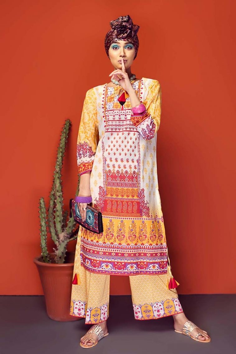 Magnificent and classy yellow colored three piece unstitched lawn dress by Gul Ahmed 2 piece collection 2018