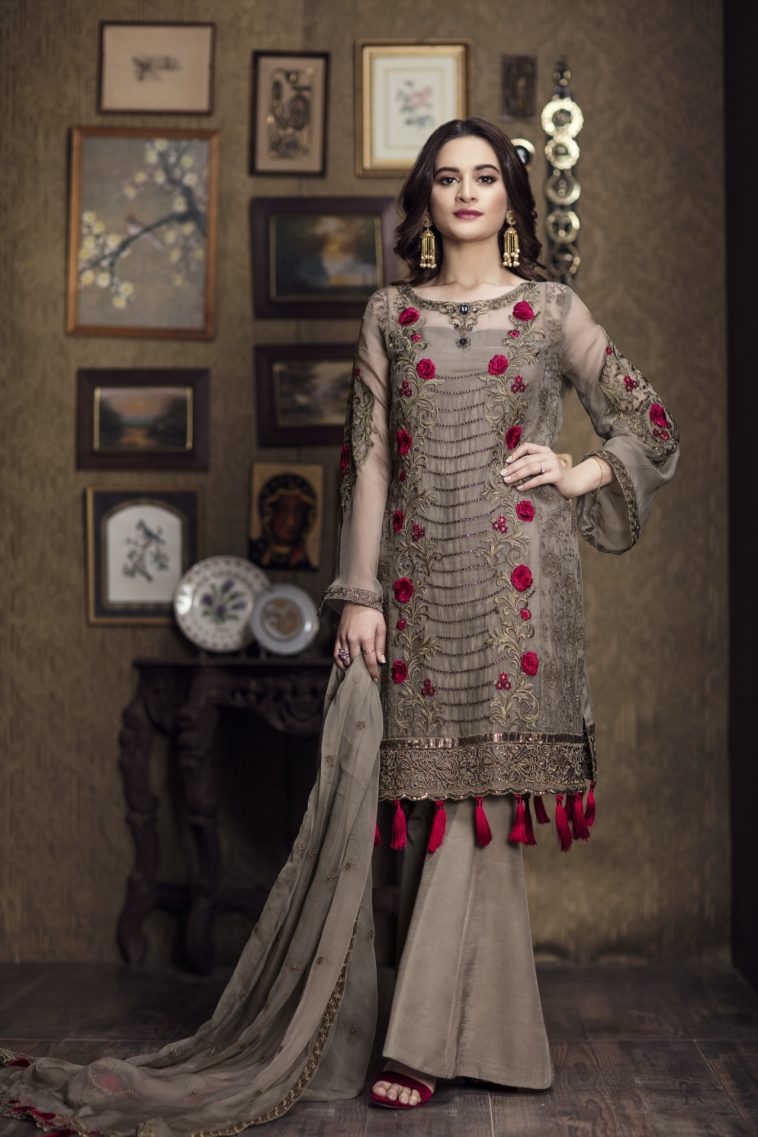 Shadow fleur brown ready to wear dress by Imrozia Premium party wear collection 2018