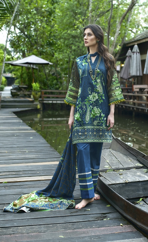 This elegant 3 piece unstitched Pakistani lawn dress available at a decent price of pkr2450 at all online and off line stores by Komal Printed dresses collection 2018