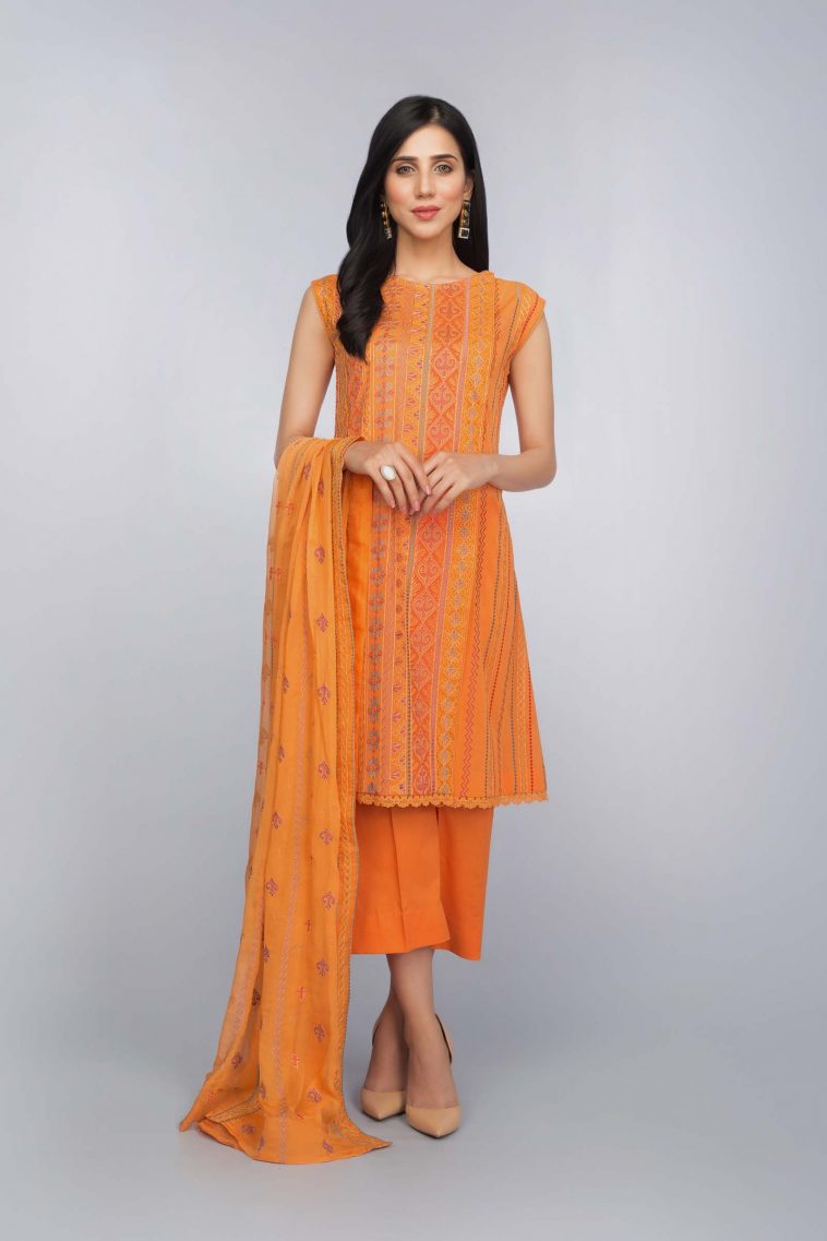 Buy Unstitched Orange Color Pakistani Lawn Suit by Bareeze Online UK