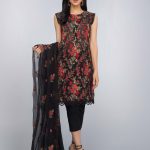 Buy Embroidered Lawn Suit by Bareeze Online featuring a black sleeveless shirt, dyed cambric trouser and crinkle chiffon dupatta.