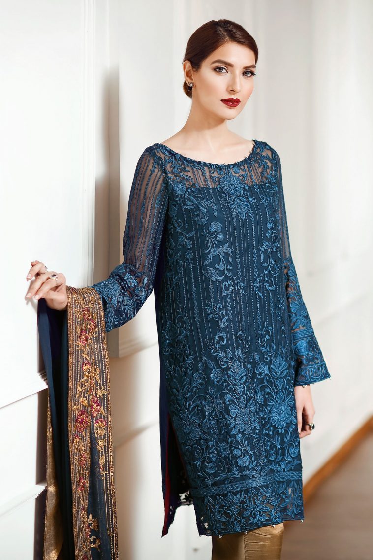This elegant ready to wear metallic blue silk dress available at a decent price of pkr 9900 by Baroque luxury collection 2018