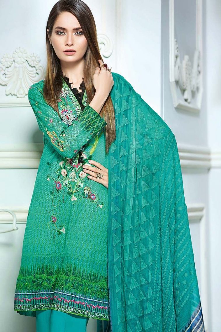 Vibrant and ethnic Sea Green colored 3 piece unstitched lawn dress by Gul Ahmed pret wear 2018