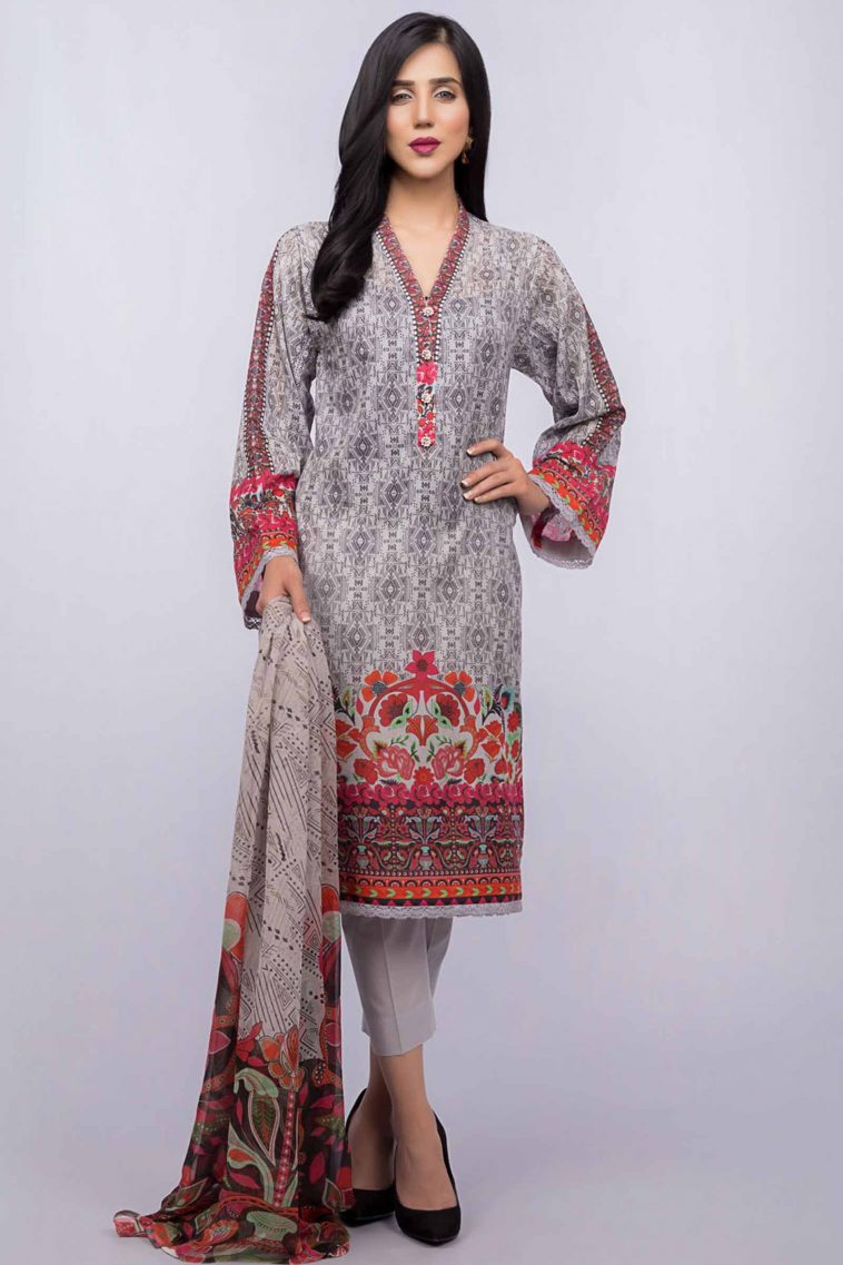 Vibrant grey colored unstitched lawn by bareeze summer printed collection