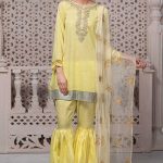 Maria B Mehndi Dress in Yellow Color with Short Embroidered Shirt and Gharara Pants