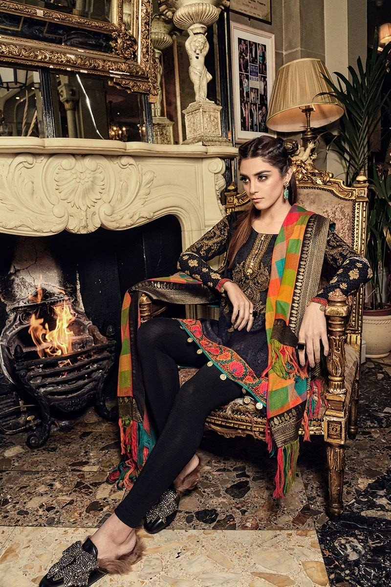 Maria B Black Linen Suit with Embroidered Shalwar Kameez & Pashmina Shawl 
