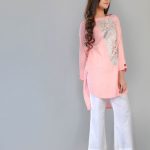 Trendy and Uber Chic Pretty Tea Pink Color Embroidered Shirt by Zellbury Ready to Wear Collection 2018 is available for SALE. This straight loose lawn shirt with embroidery front on Neckline and a Boot Shape Neckline with Full Sleeves is for Pakistani Girls paired with a white  Zellbury Trouser.