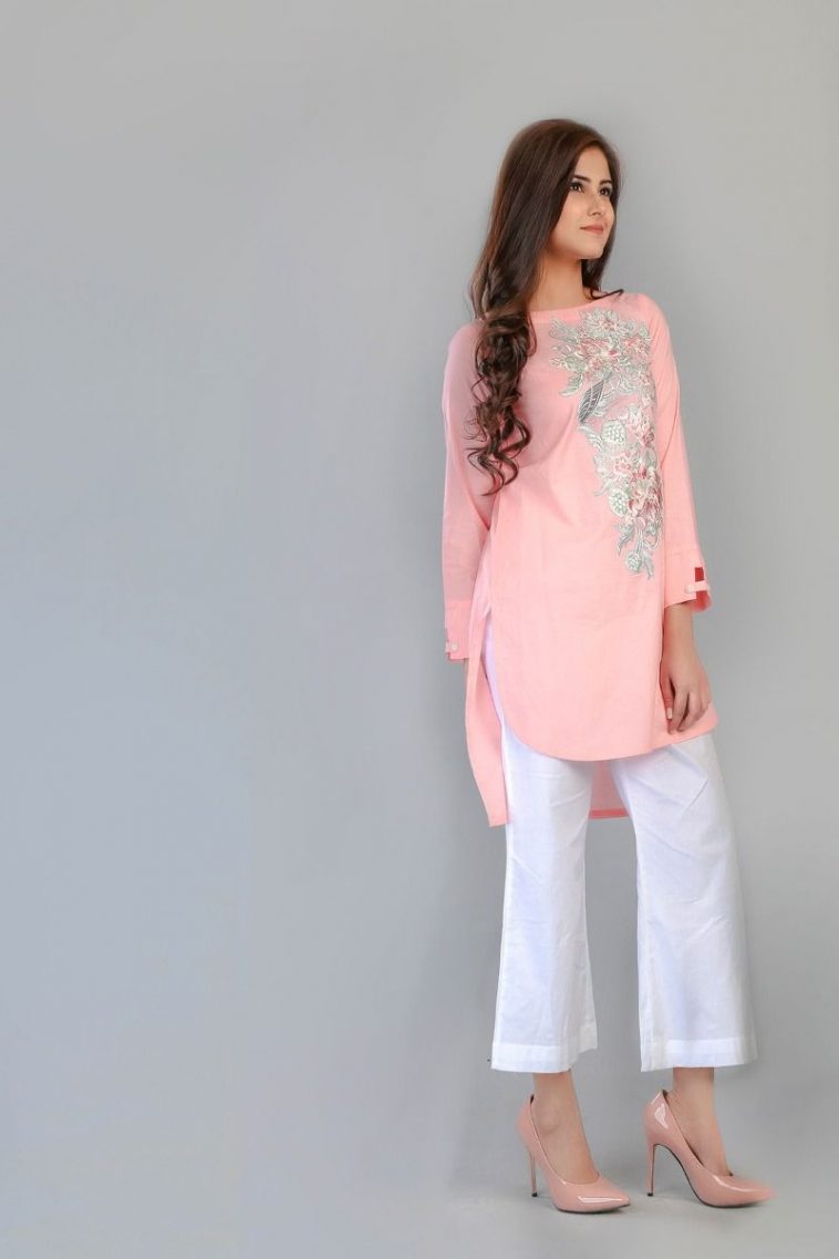 Trendy and Uber Chic Pretty Tea Pink Color Embroidered Shirt by Zellbury Ready to Wear Collection 2018 is available for SALE. This straight loose lawn shirt with embroidery front on Neckline and a Boot Shape Neckline with Full Sleeves is for Pakistani Girls paired with a white  Zellbury Trouser.