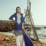 Vibrant and Trendy Blue Color Zellbury New Collection 2018 Three Piece Pakistani Stitched Lawn Dress features a Digital Printed Lawn Shirt with embroidery on Front Panel and Organza Patch at Border with a Printed Lawn Dupatta and White Trouser with Embroidered Border. A contemporary Ensemle from Summer 2018’s Collection by Zellbury Lawn.