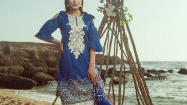 Vibrant and Trendy Blue Color Zellbury New Collection 2018 Three Piece Pakistani Stitched Lawn Dress features a Digital Printed Lawn Shirt with embroidery on Front Panel and Organza Patch at Border with a Printed Lawn Dupatta and White Trouser with Embroidered Border. A contemporary Ensemle from Summer 2018’s Collection by Zellbury Lawn.