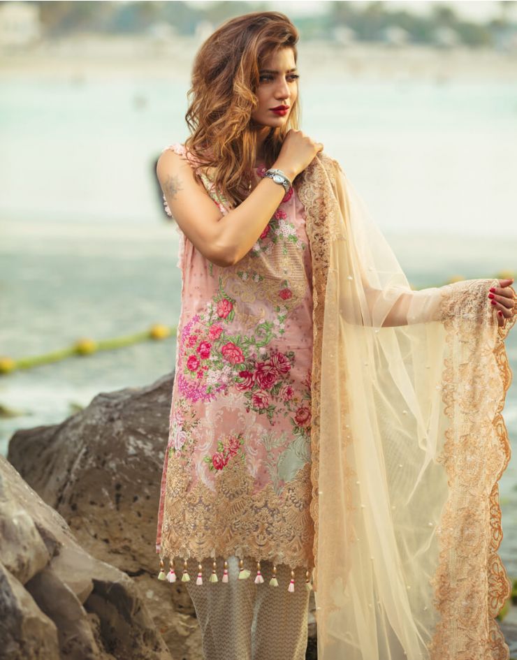 Embroidered Pink 3 piece unstitched pret dress by Rangrasiya Summer collection 2018
