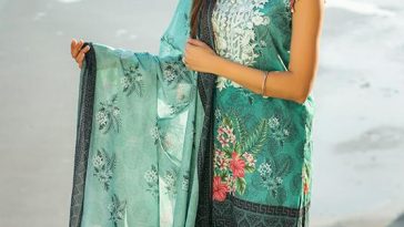 Green embroidered unstitched Pakistani pret wear by Khas summer prets