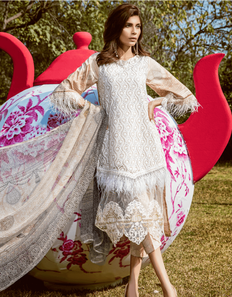 Refreshing White unstitched Pakistani pret dress by Rangrasiya summer lawn 2018