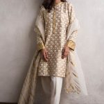 3 piece Pakistani Golden color tissue dress by Nida Azwer Luxury clothes 2018