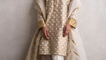 3 piece Pakistani Golden color tissue dress by Nida Azwer Luxury clothes 2018