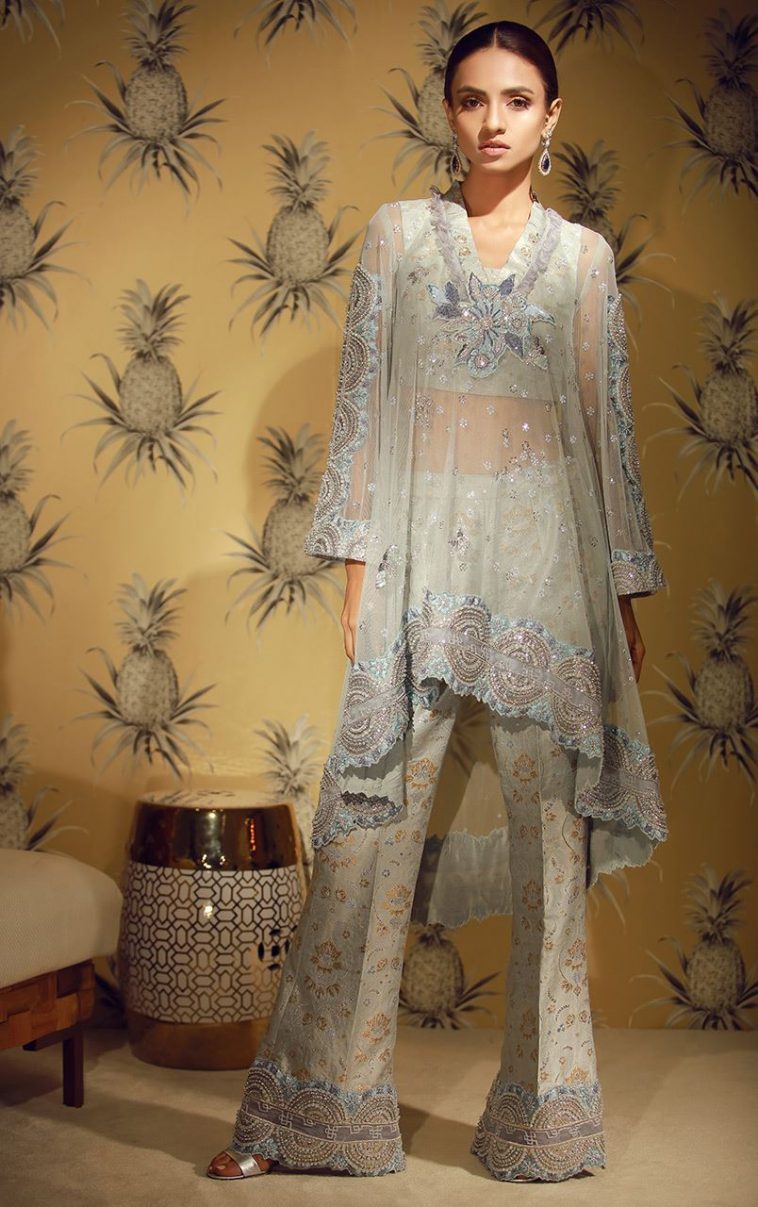 Beautiful grey printed stitched Pakistani pret wear by Tena Durrani Eid pret wear