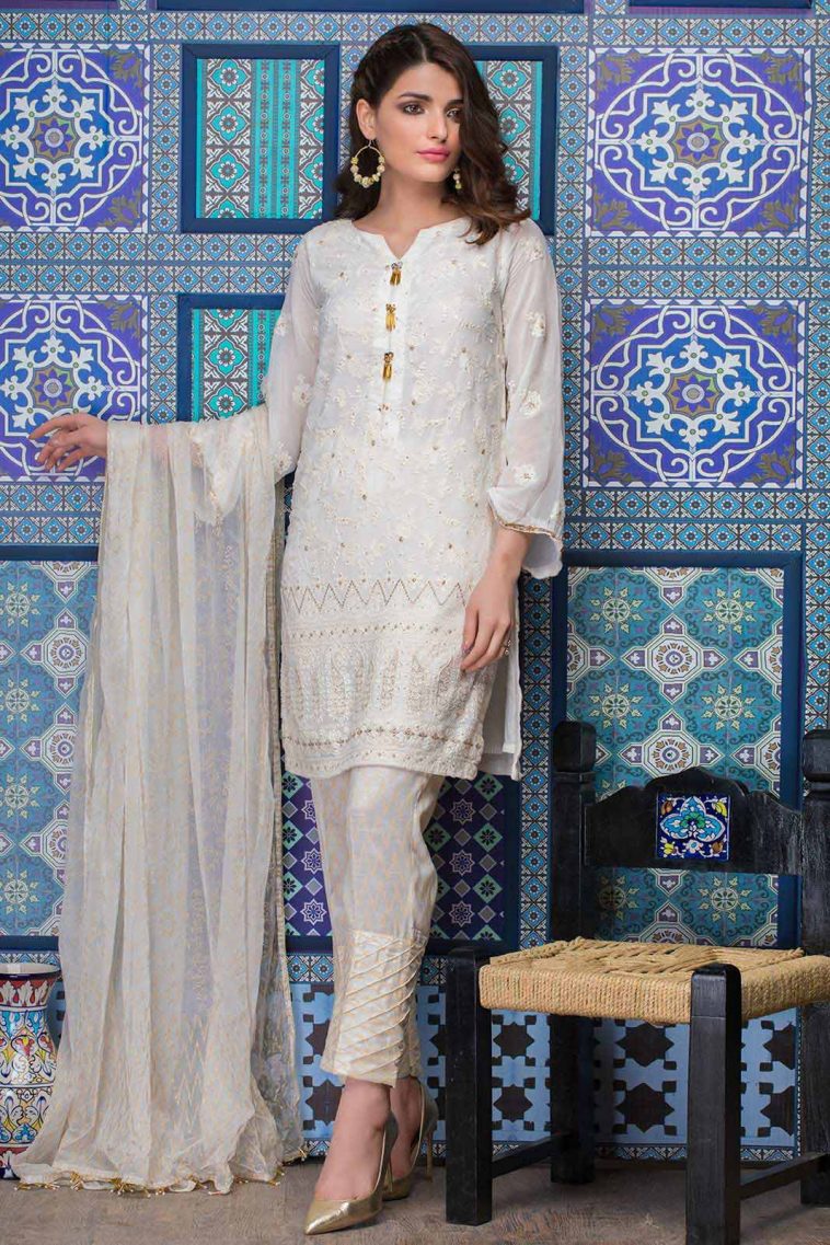 Beautiful white embroidered stitched Pakistani pret wear by Bonanza Eid dresses in London