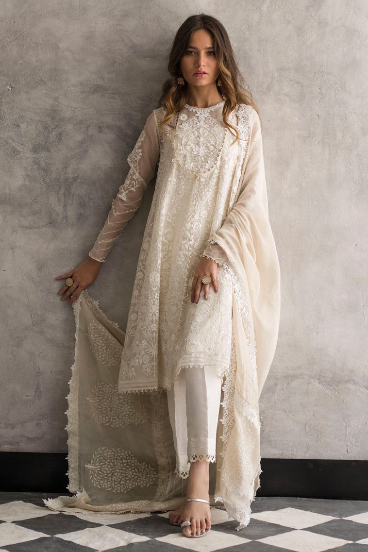 Beautiful white organza 3 piece stitched dress by Nida Azwer traditional embroidered dresses 2018