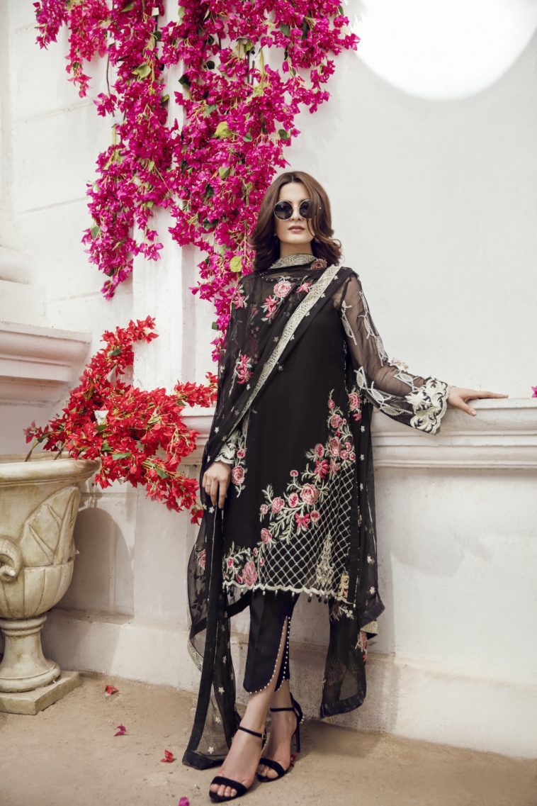 Black 3 piece unstitched pret wear by Imrozia Premium luxury eid prets 2018