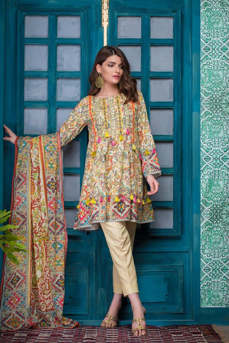 Elegant yellow 3 piece ustitched lawn pret dress by Bonanza Satrangi Eid collection 2018