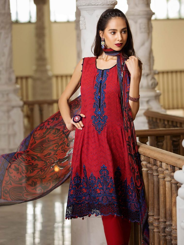 Hot red embroidered lawn dress by Eden robe Pakistani dresses in Uk
