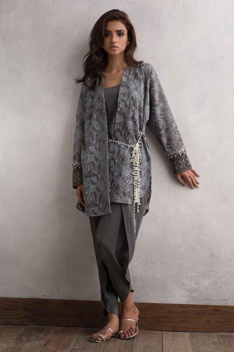 Ravishing grey crepe embroidered jacket dress by Nida Azwer trendy collection 2018