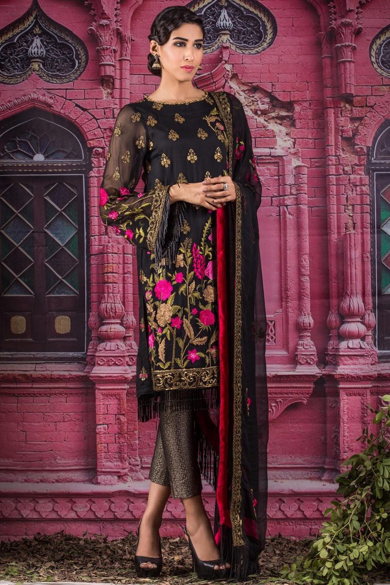 Scintillating and uber chic Black colored three piece unstitched unstitched Chiffon dress by Alkaram Studio Eid Clothes in New york