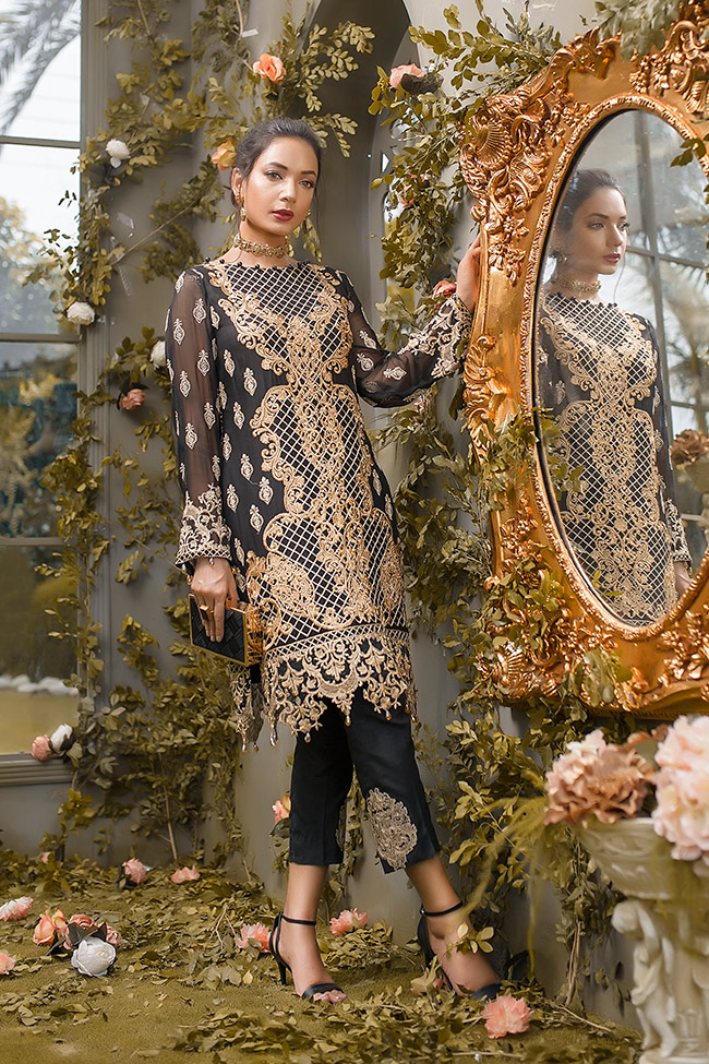 Elegant black 2 piece ready to wear chiffon dress by Gulaal Pakistan Party dresses