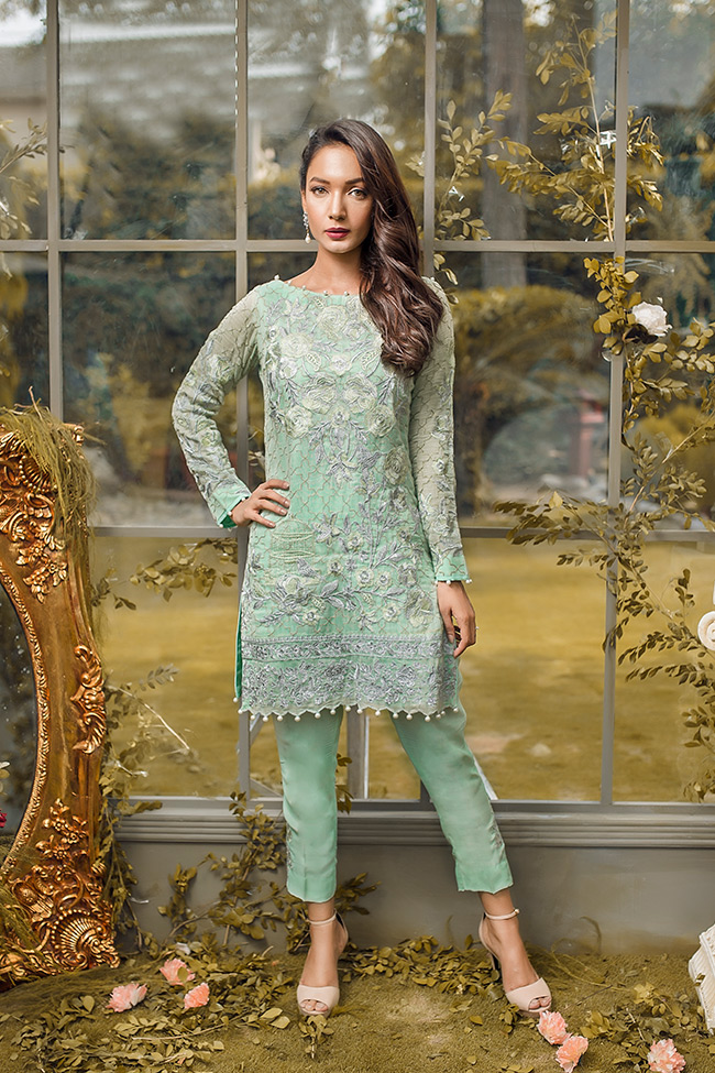 Embroidered khadi net mint green Pakistani dress in 2 piece by Gulaal Pakistani party dresses online