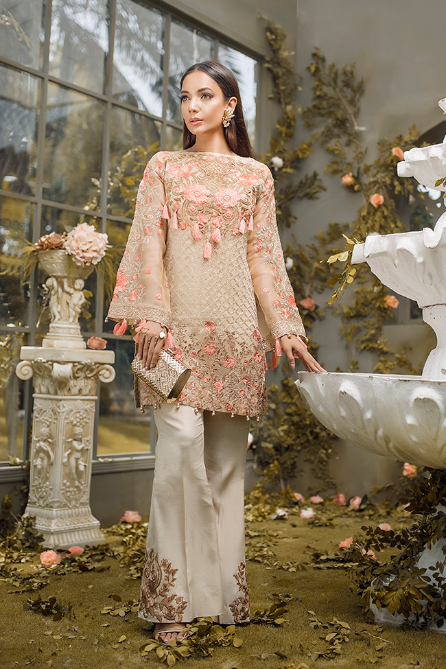 Gold weave embroidered cotton net 3 piece Pakistani dress by Gulaal pakistani party wear dresses online