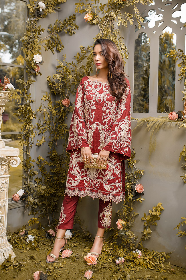 Ravishing maroon khadi net embroidered and embellished dress by pakistani party wear dresses with prices