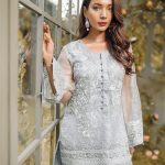 Silver grey embroidered katan net 2 piece dress by Gulaal pakistani party dresses online shopping