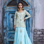 Stylish light blue silk lehanga Pakistani dress by Sanober Azfer casual lehnaga collection 2018