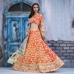 This elegant gotta work silk lehange in orange color available online by Pakistani orange color silk lehanga choli by Sanober Azfar Lehanga collection
