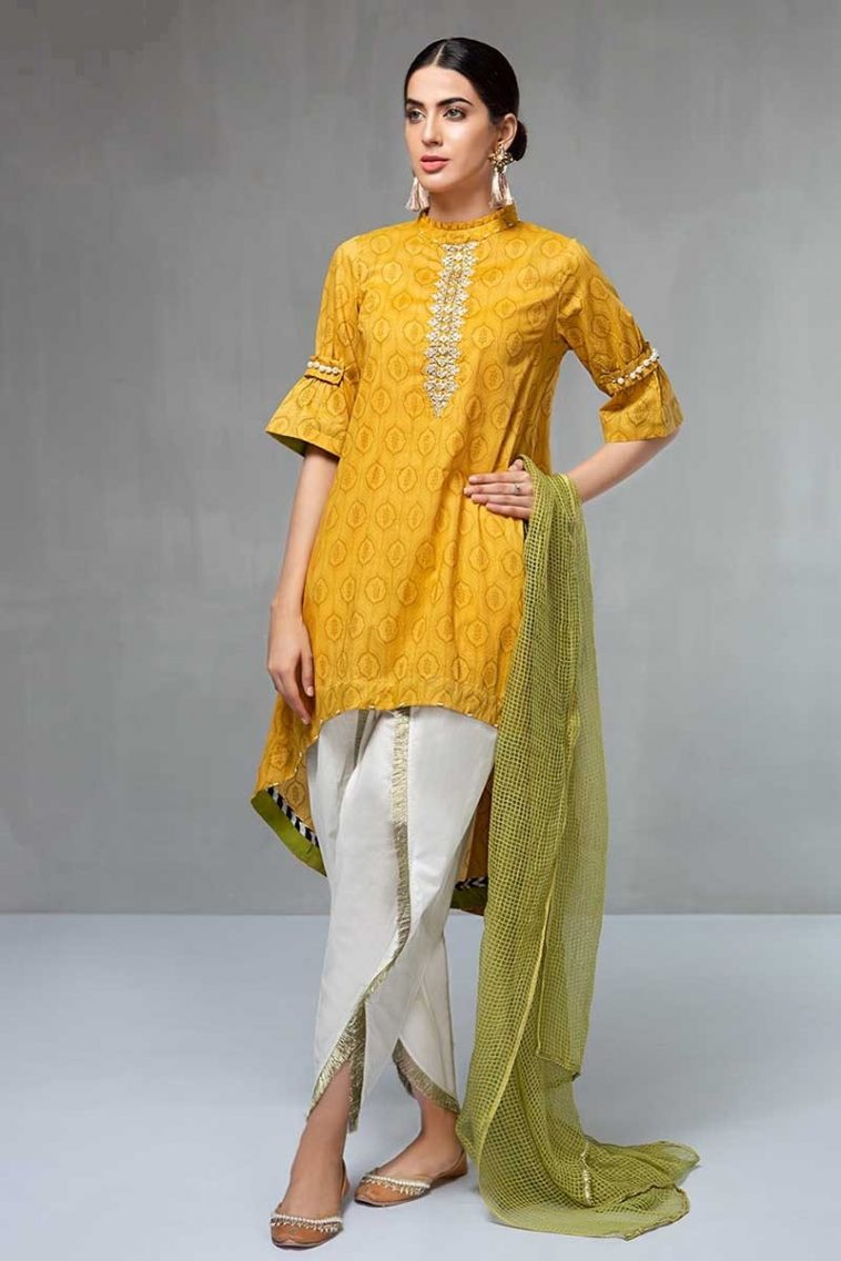 Maria B Traditional Wedding Dress Featuring Mustard Half Sleeves Embroidered Kameez with Tulip Shalwar