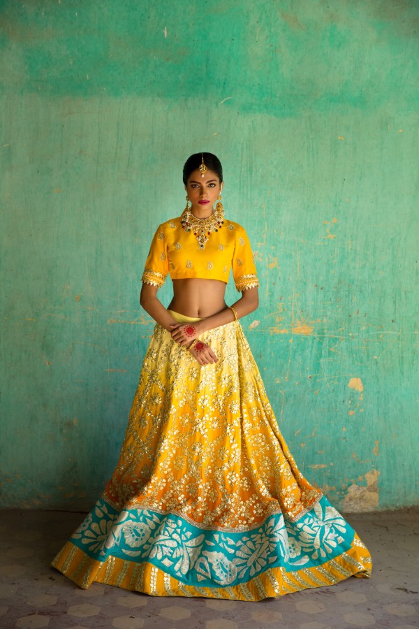Vibrant yellow desi designer lehanga choli by sanober Azfar Silk leganga collection 2018
