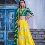 Yellow and green silk lehanga choli by Sanober Azfer mehndi dresses