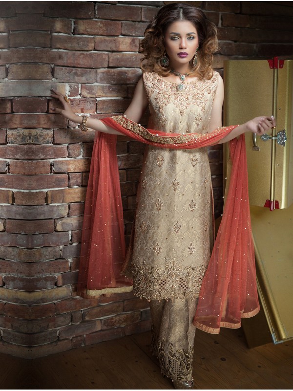 A embellished gold semi formal Pakistani dress by Umsha online