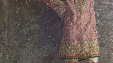Adorned and embellished light pink Pakistani engagement dress by Annus Abrar