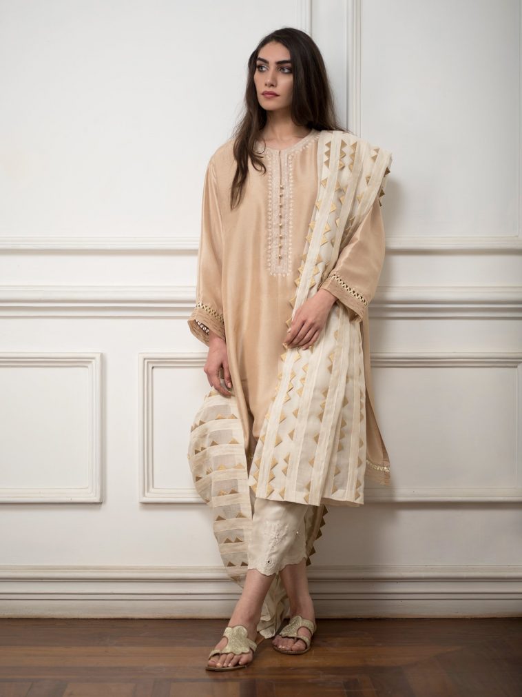 Beautiful cream Pakistani semi formal dress by Misha Lakhani online